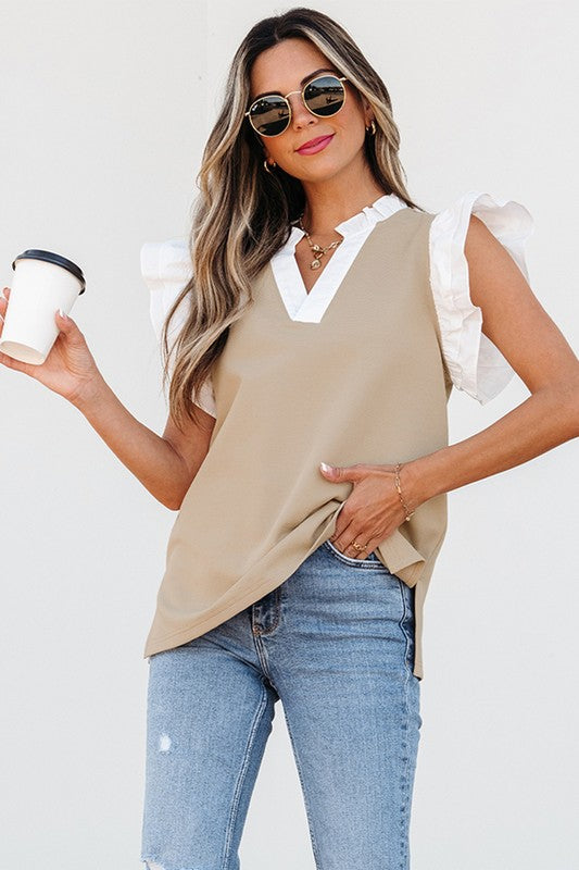 Khaki & Ruffle Contrast Top