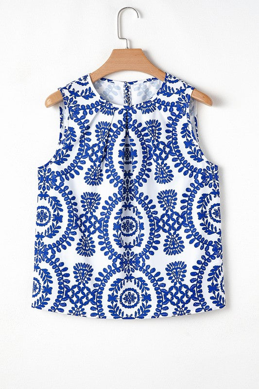 Blue Vintage Print Pin Tuck Sleeveless Top