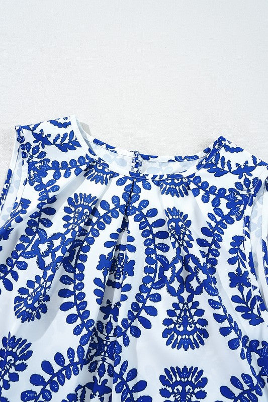 Blue Vintage Print Pin Tuck Sleeveless Top