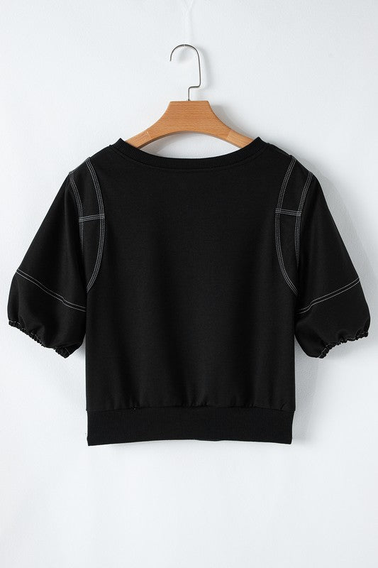 Contrast Stitch Black Bubble Sleeve Top