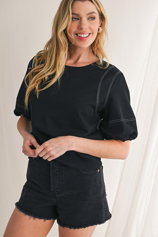 Contrast Stitch Black Bubble Sleeve Top