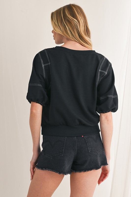 Contrast Stitch Black Bubble Sleeve Top