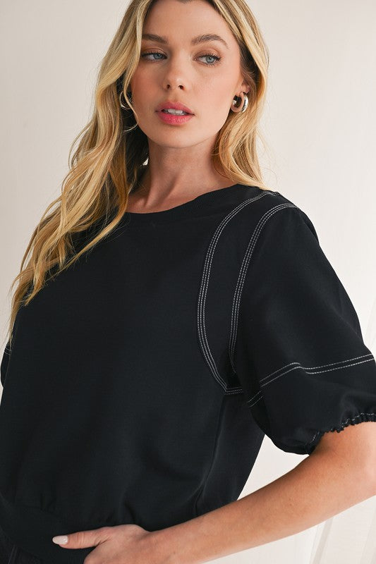 Contrast Stitch Black Bubble Sleeve Top