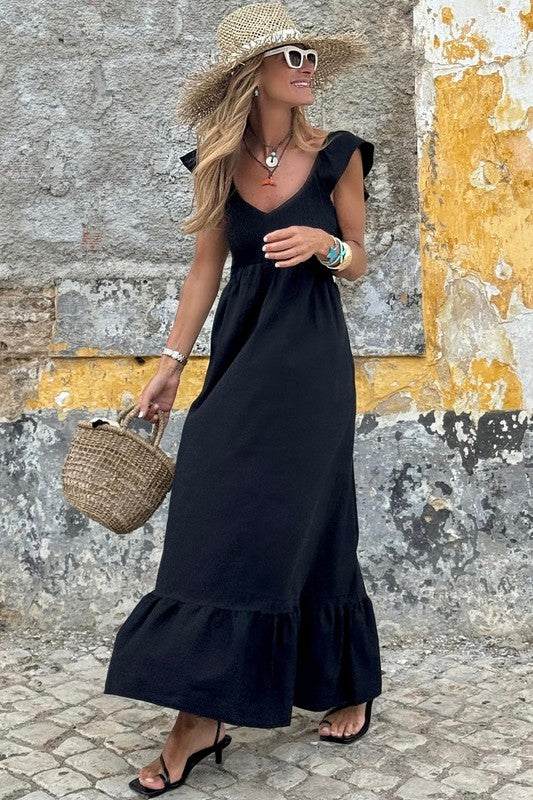 Black Flutter Sleeve Smocked Sun Dress