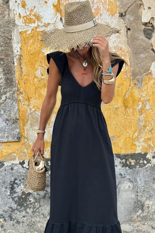 Black Flutter Sleeve Smocked Sun Dress