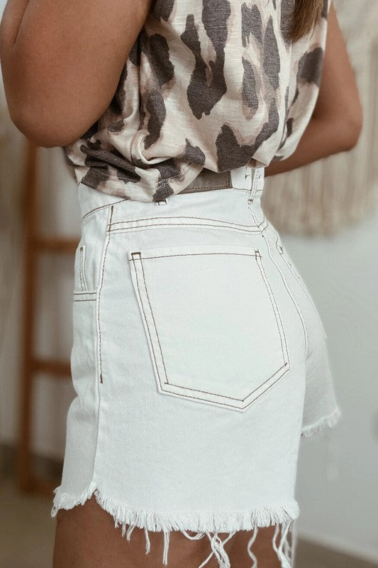 Raw Hem High Waisted White Denim Shorts