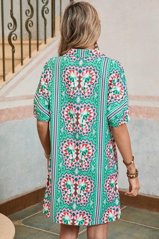 Boho Abstract Split Neck Shift Dress