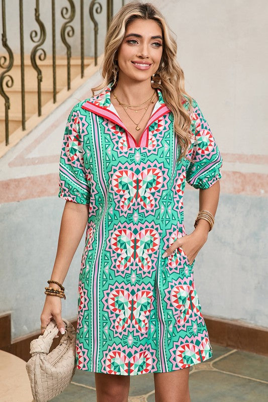 Boho Abstract Split Neck Shift Dress