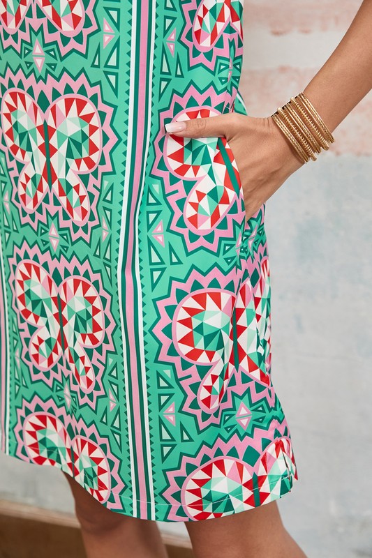 Boho Abstract Split Neck Shift Dress