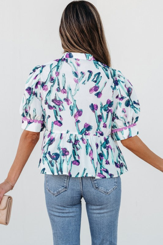 Purple Brush Stroke Floral Ric Rac Top