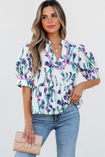 Purple Brush Stroke Floral Ric Rac Top