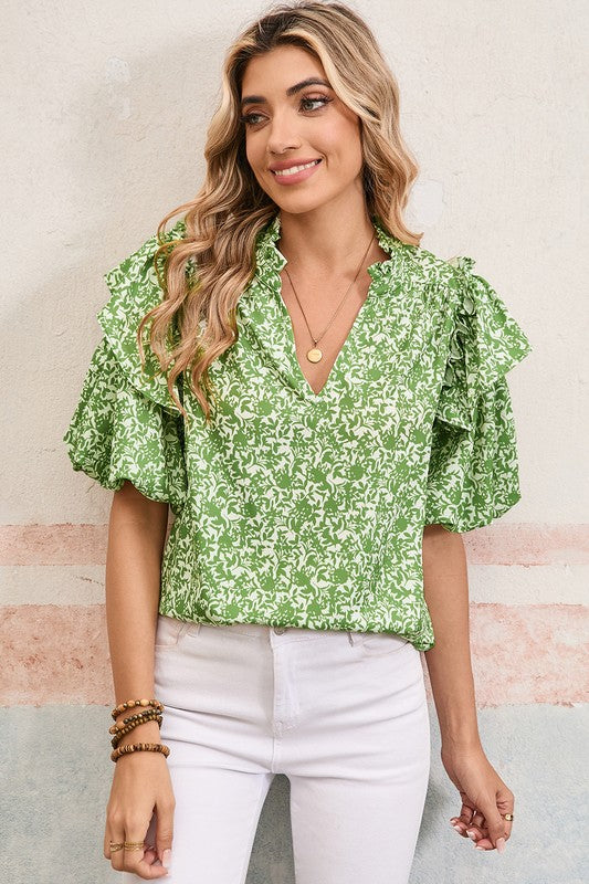 Puff Sleeve Chartreuse Floral Top - 3