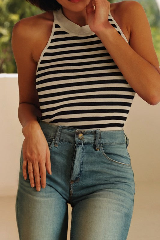 Black Striped Halter Tank Top