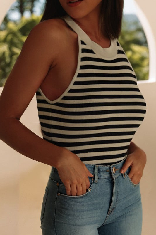 Black Striped Halter Tank Top