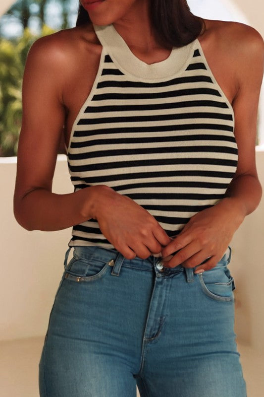 Black Striped Halter Tank Top