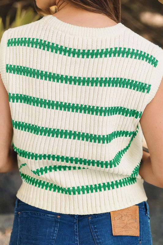 Green Stripe Knit Sleeveless Top