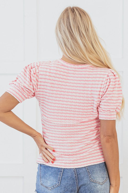 Pink Textured Puff Sleeve Stripe Tee