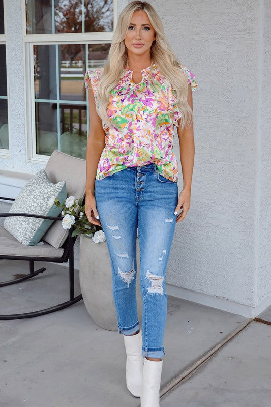 Split Neck Floral Spring  Top