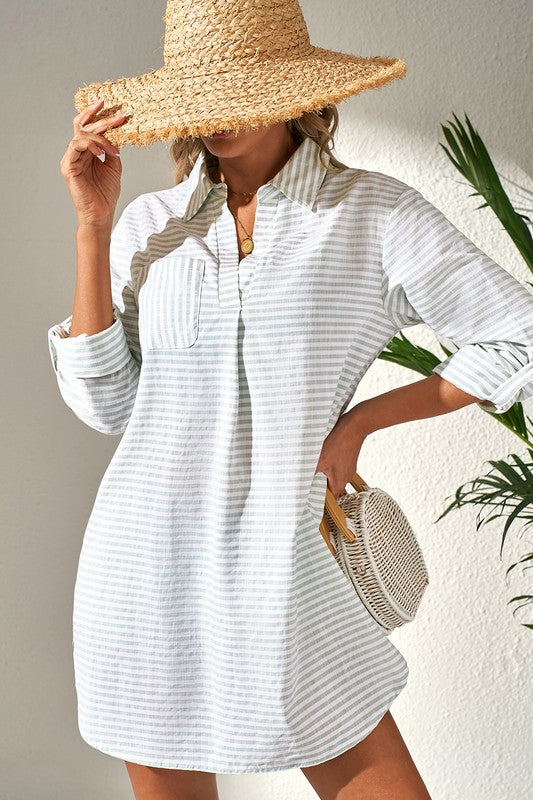 Stripe Collared Beach Cover Up