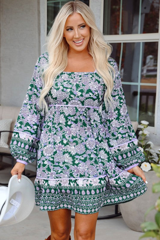 Floral & Piping Bubble Sleeve Spring Dress