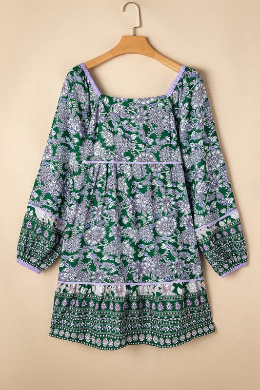 Floral & Piping Bubble Sleeve Spring Dress