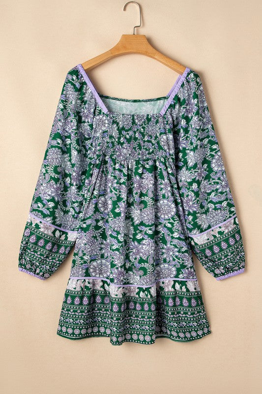 Floral & Piping Bubble Sleeve Spring Dress