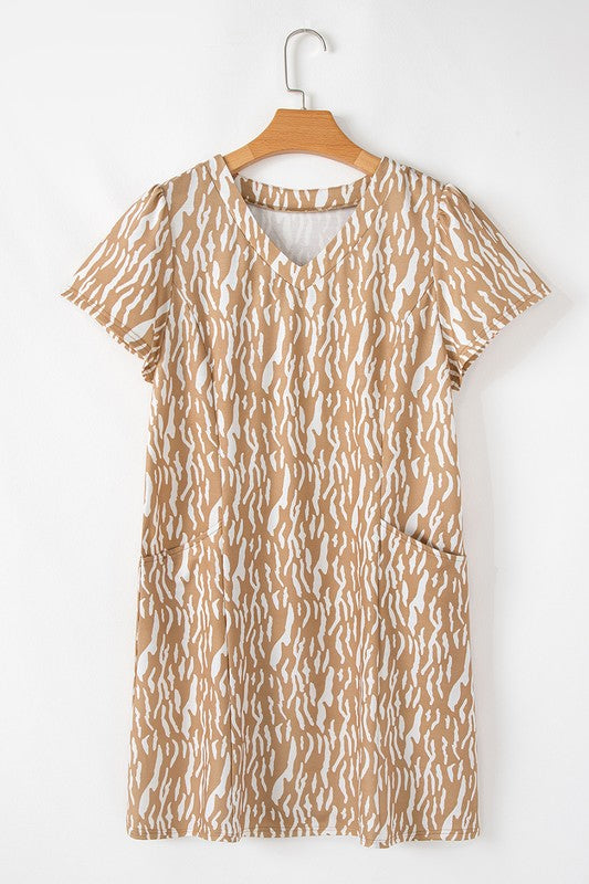 Abstract Khaki Print Shift Dress