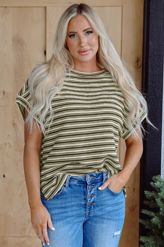 Textured & Stripe Side Slit Crew Neck Top