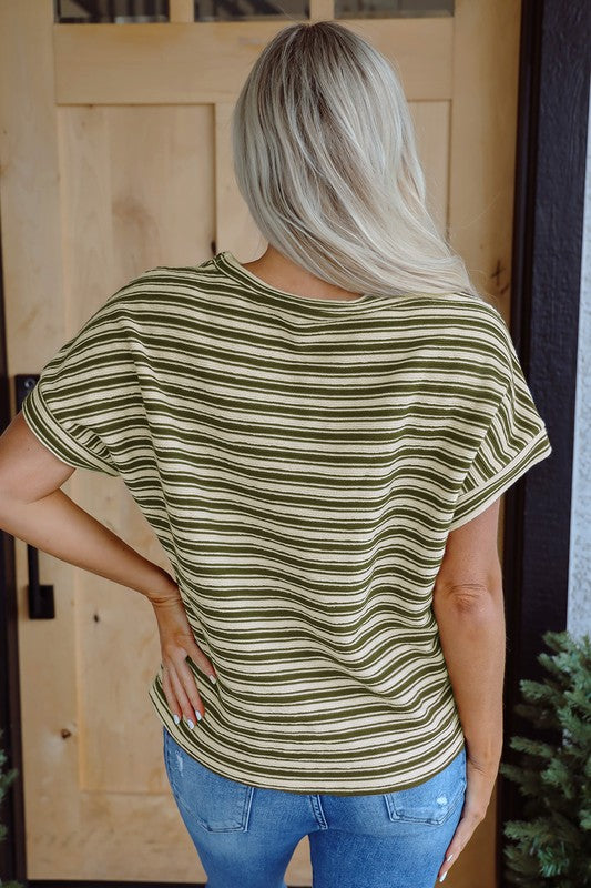 Textured & Stripe Side Slit Crew Neck Top