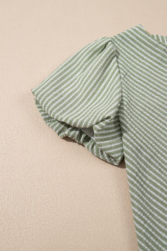 Green Striped Puff Sleeve Top