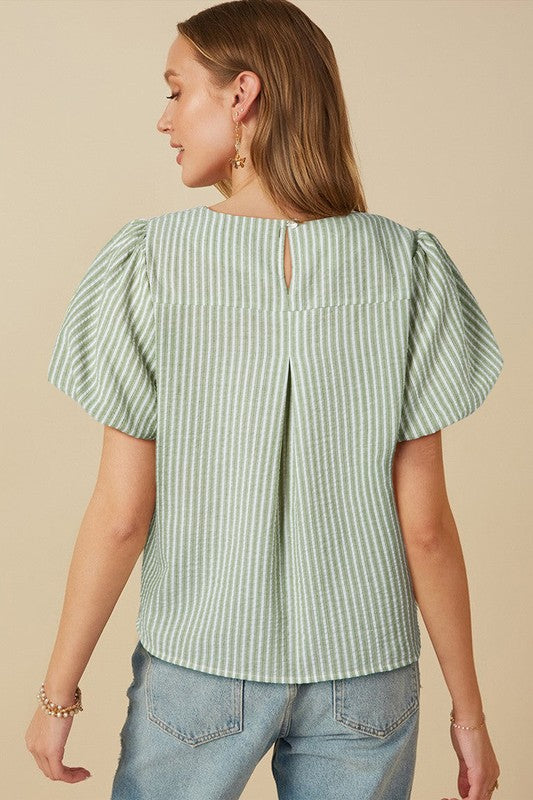 Green Striped Puff Sleeve Top