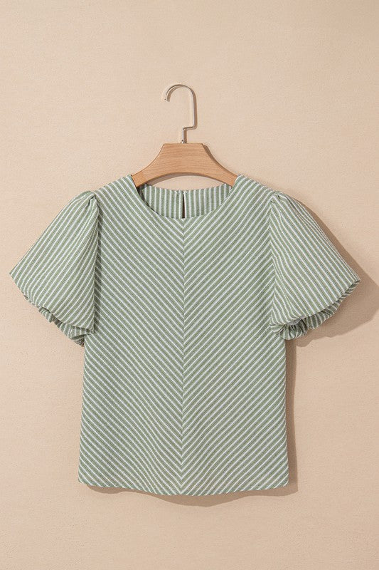 Green Striped Puff Sleeve Top