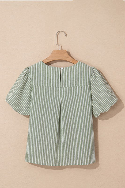 Green Striped Puff Sleeve Top