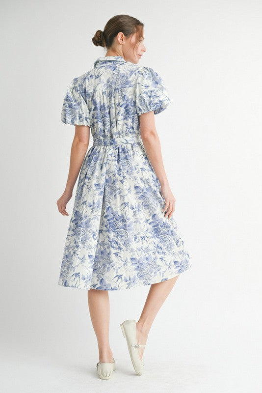 Blue Floral Puff Sleeve Belted Midi Dress