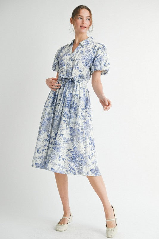 Blue Floral Puff Sleeve Belted Midi Dress