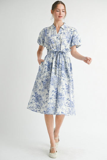 Blue Floral Puff Sleeve Belted Midi Dress