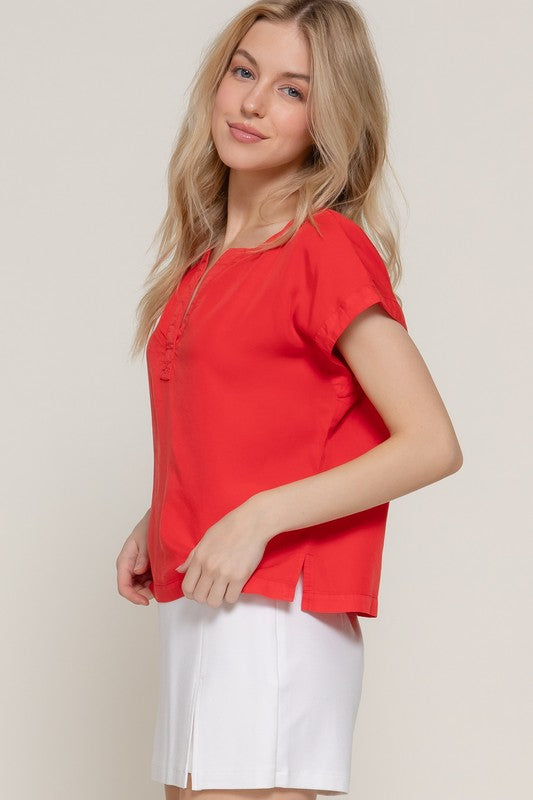 Red Tencel Notched Neck Top
