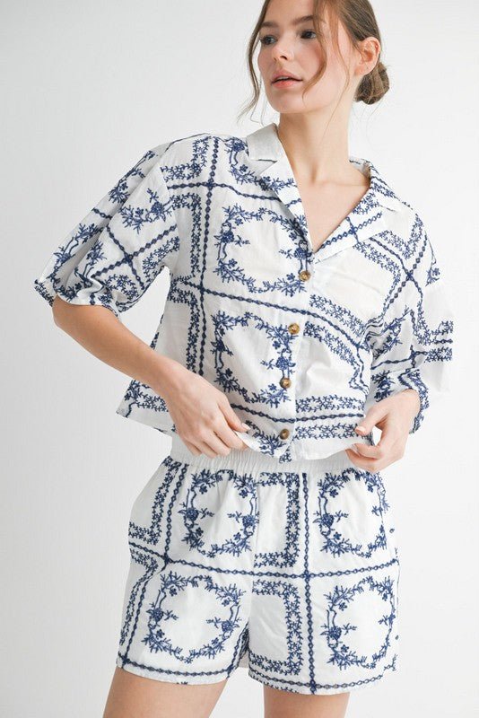 Blue Embroidery Cotton Knit Set