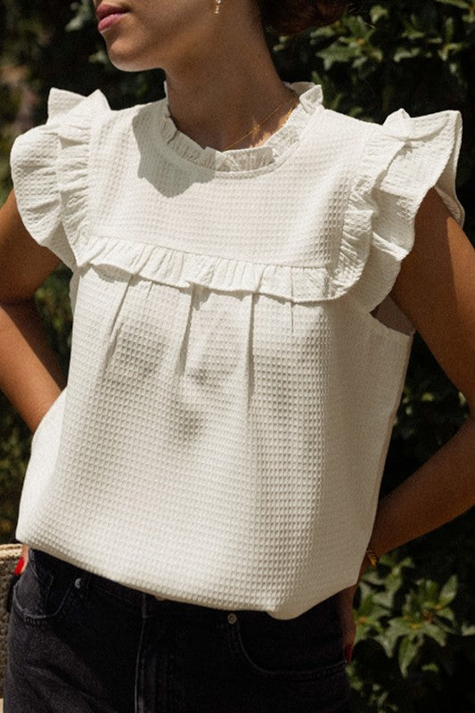 White Waffle Knit Ruffle Trim Pleated Top