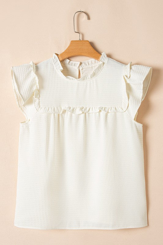 White Waffle Knit Ruffle Trim Pleated Top