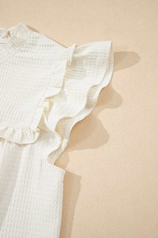 White Waffle Knit Ruffle Trim Pleated Top