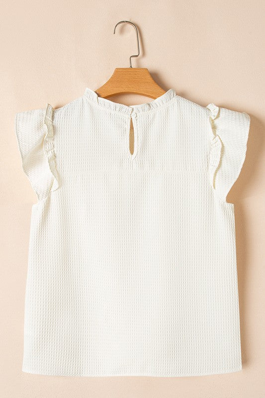 White Waffle Knit Ruffle Trim Pleated Top