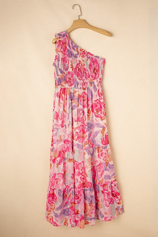 One Shoulder Shirred Shoulder Maxi Dress