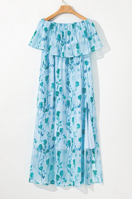 Blue Chiffon Off Shoulder Dress