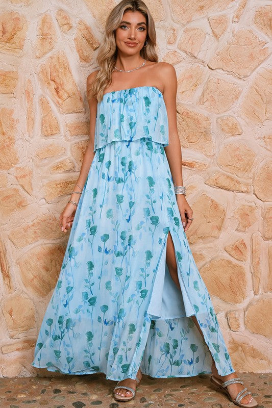 Blue Chiffon Off Shoulder Dress