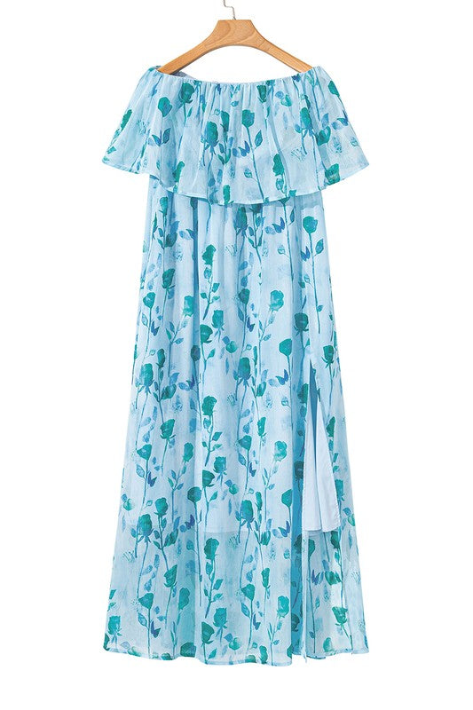Blue Chiffon Off Shoulder Dress