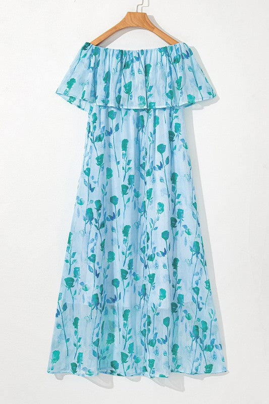 Blue Chiffon Off Shoulder Dress