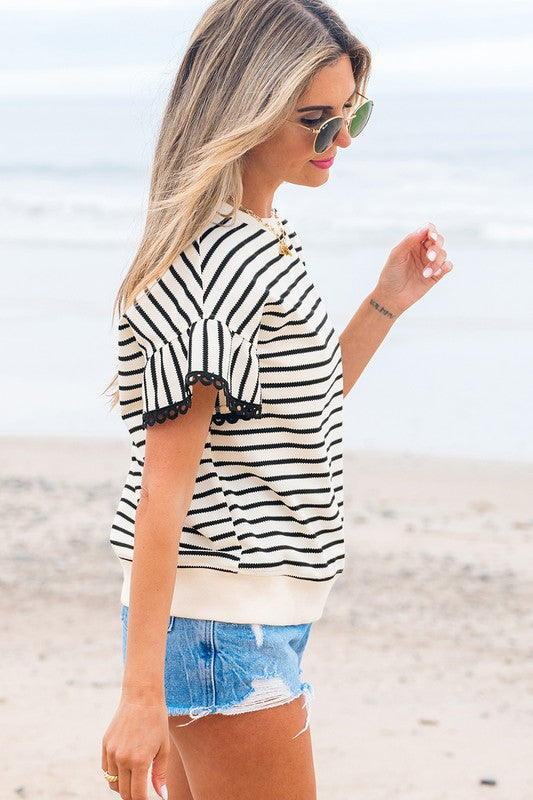 Ruffle Lace Trim Stripe Shirt