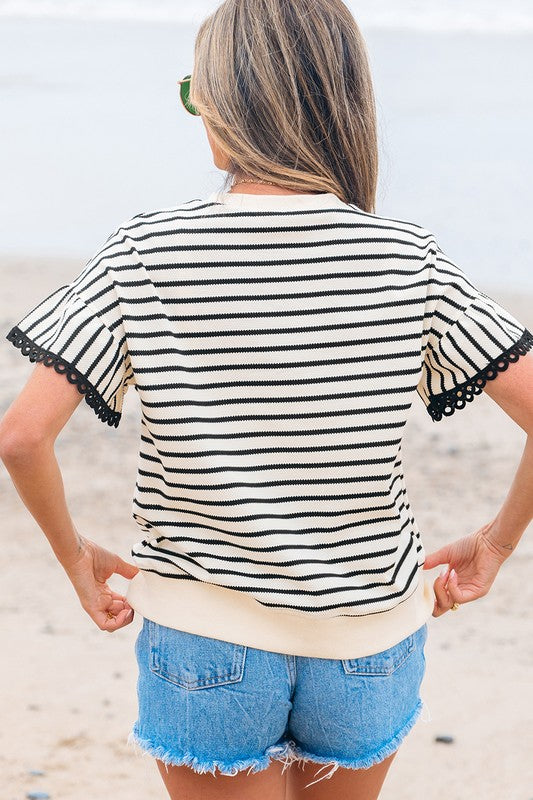 Ruffle Lace Trim Stripe Shirt