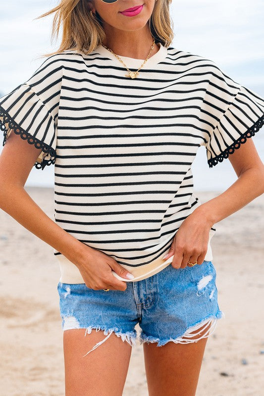 Ruffle Lace Trim Stripe Shirt